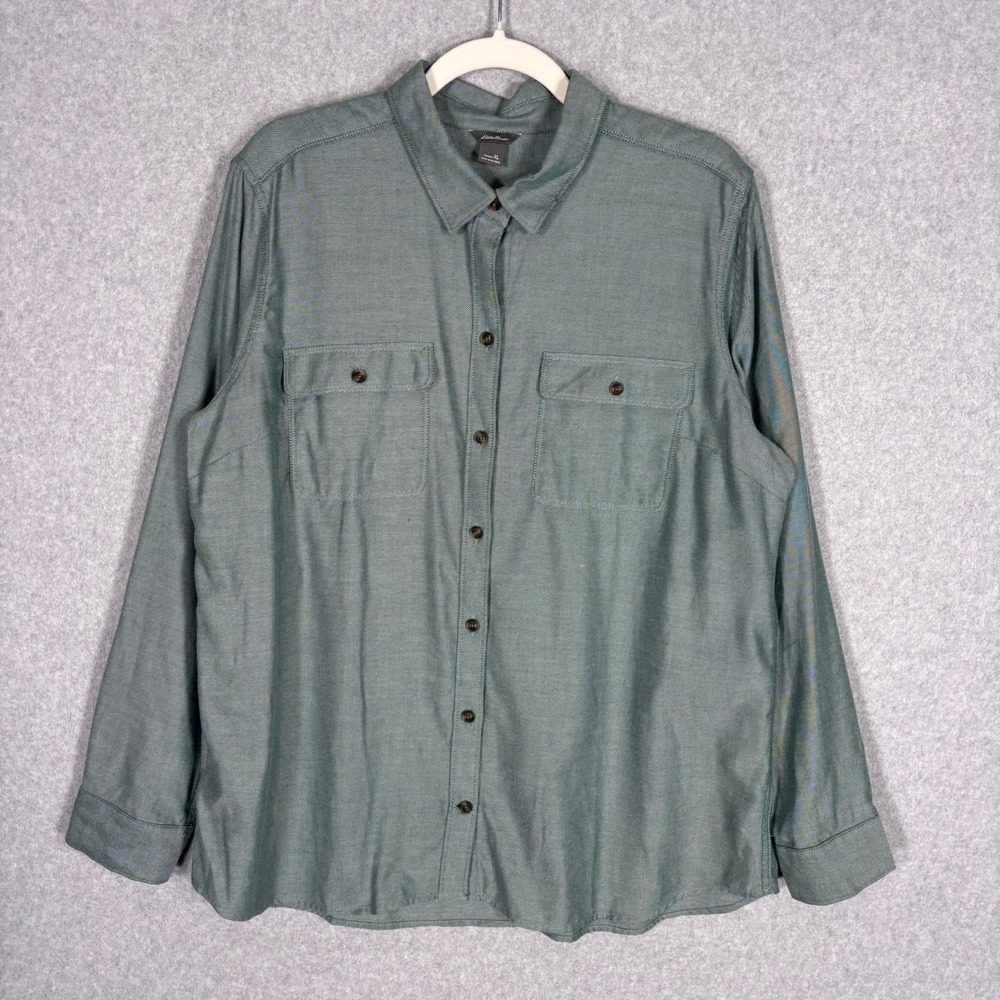 Eddie Bauer Cotton Tencel Utility Button Up Shirt XL Green Pockets Hiking GORP